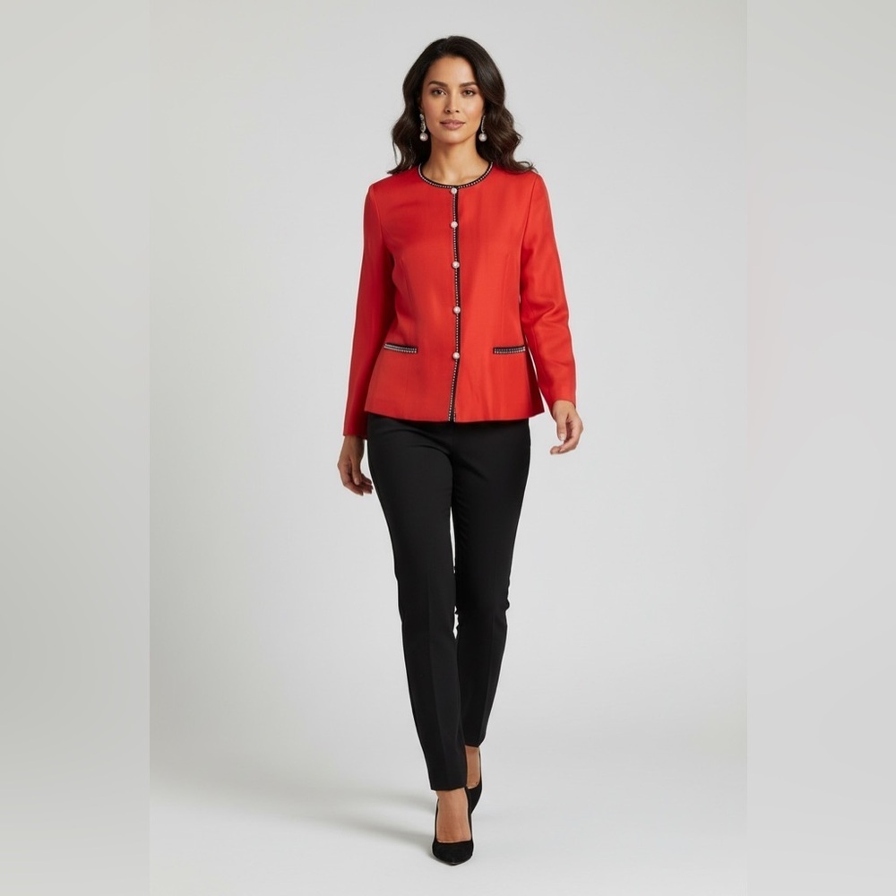 Misho 100% Silk Red Button Jacket 12 | Pearl Trim Vintage Style